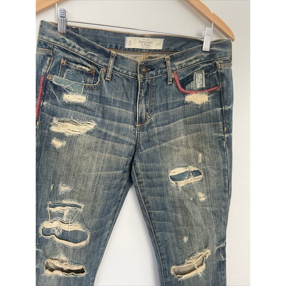 Abercrombie & Fitch Jeans 29 Patch Distressed Denim Raw Hem Mid Rise Boyfriend - Picture 2 of 12